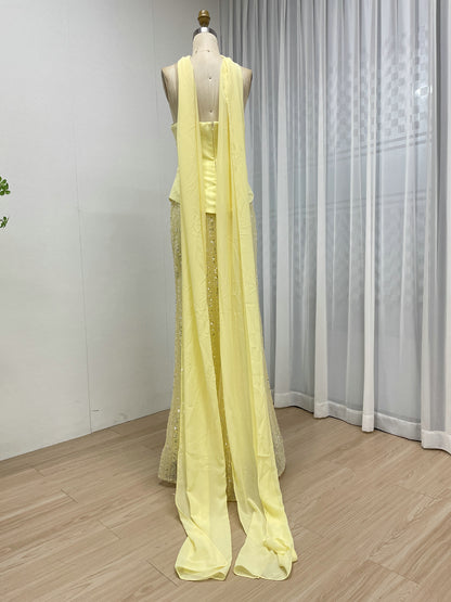 Bright Yellow Halter Neck Gown with Beaded Sheath Skirt MY30200