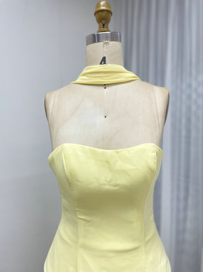 Bright Yellow Halter Neck Gown with Beaded Sheath Skirt MY30200