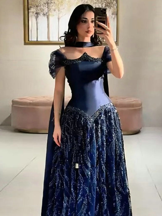 Navy Blue Princess Style Tulle Evening Dress with Shawl Collar MY30201