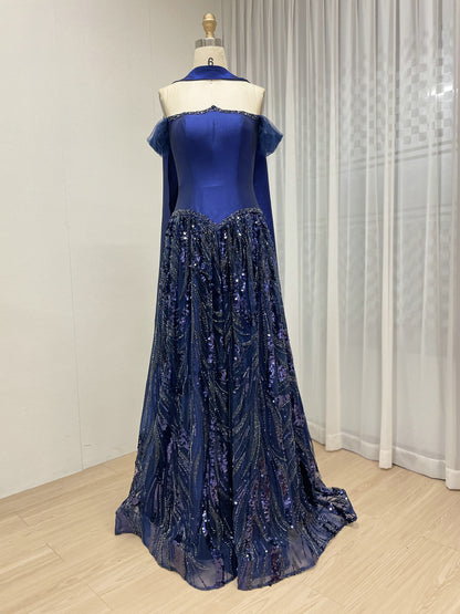 Navy Blue Princess Style Tulle Evening Dress with Shawl Collar MY30201