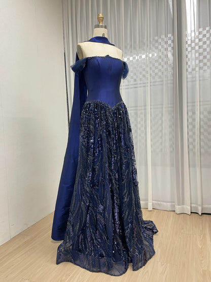 Navy Blue Princess Style Tulle Evening Dress with Shawl Collar MY30201