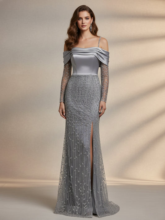 Silver Grey Off-the-Shoulder Beaded Evening Gown with Long Sleeves and Slit MY30202-2
