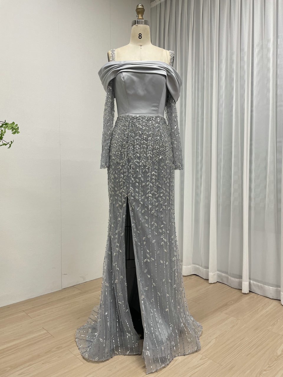 Silver Grey Off-the-Shoulder Beaded Evening Gown with Long Sleeves and Slit MY30202-2