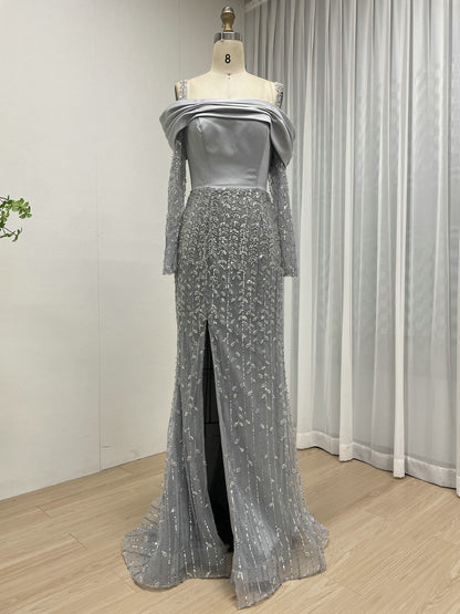 Silver Grey Off-the-Shoulder Beaded Evening Gown with Long Sleeves and Slit MY30202-2