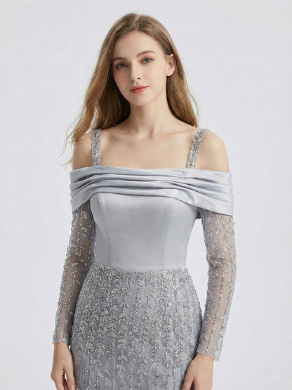 Silver Grey Off-the-Shoulder Beaded Evening Gown with Long Sleeves and Slit MY30202-2