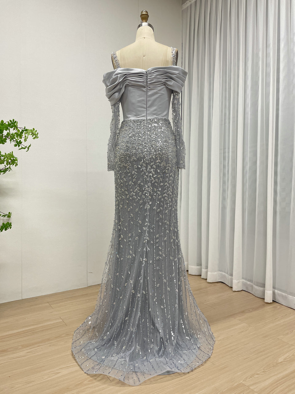 Silver Grey Off-the-Shoulder Beaded Evening Gown with Long Sleeves and Slit MY30202-2