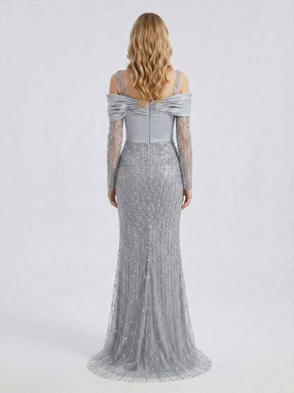 Silver Grey Off-the-Shoulder Beaded Evening Gown with Long Sleeves and Slit MY30202-2
