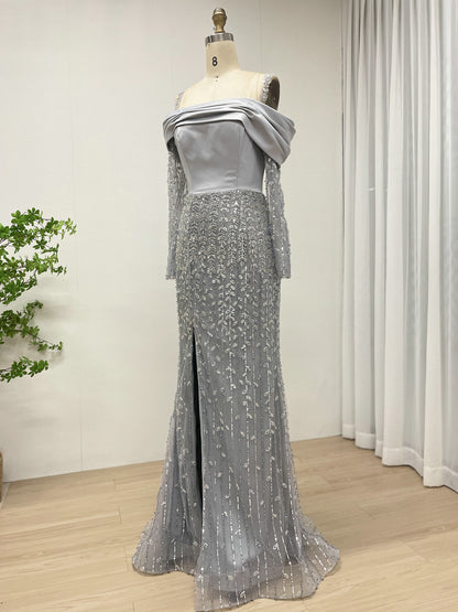 Silver Grey Off-the-Shoulder Beaded Evening Gown with Long Sleeves and Slit MY30202-2