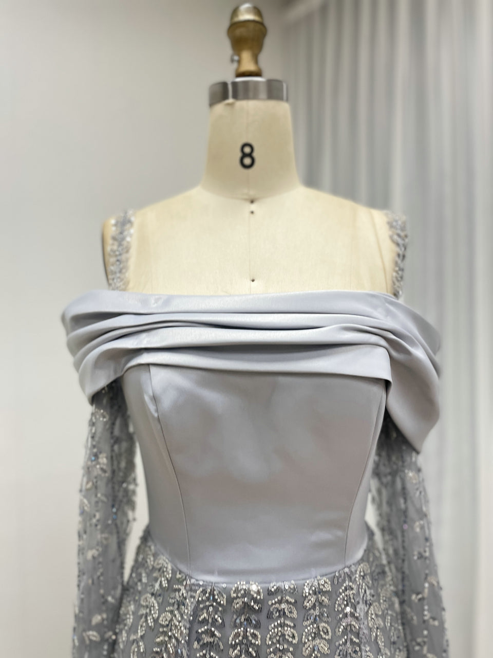 Silver Grey Off-the-Shoulder Beaded Evening Gown with Long Sleeves and Slit MY30202-2