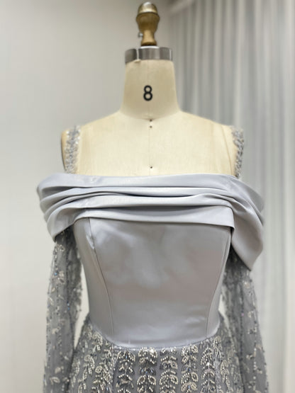 Silver Grey Off-the-Shoulder Beaded Evening Gown with Long Sleeves and Slit MY30202-2