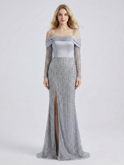 Silver Grey Off-the-Shoulder Beaded Evening Gown with Long Sleeves and Slit MY30202-2