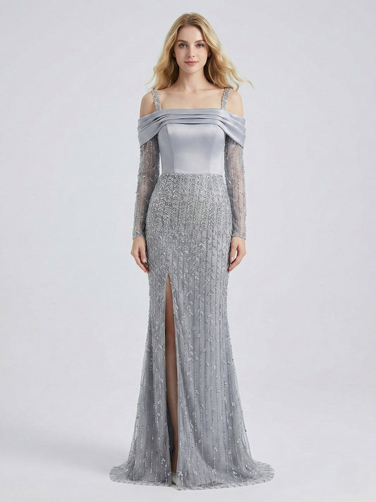 Silver Grey Off-the-Shoulder Beaded Evening Gown with Long Sleeves and Slit MY30202-2