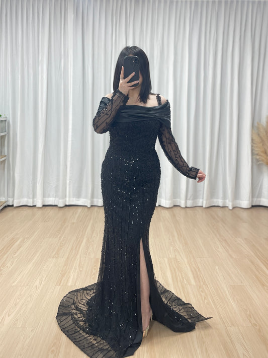 Elegant Black Beaded Off-the-Shoulder High Slit Mermaid Evening Gown with Long Sheer Sleeves MY30202