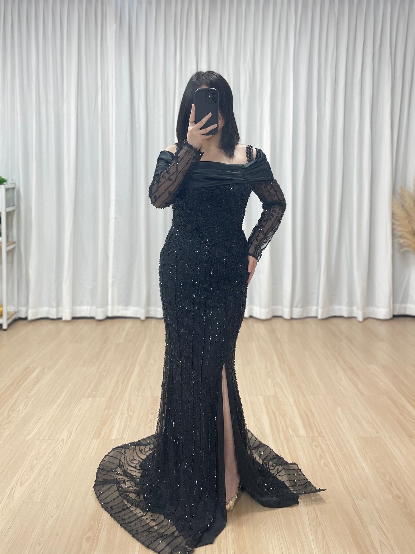 Elegant Black Beaded Off-the-Shoulder High Slit Mermaid Evening Gown with Long Sheer Sleeves MY30202