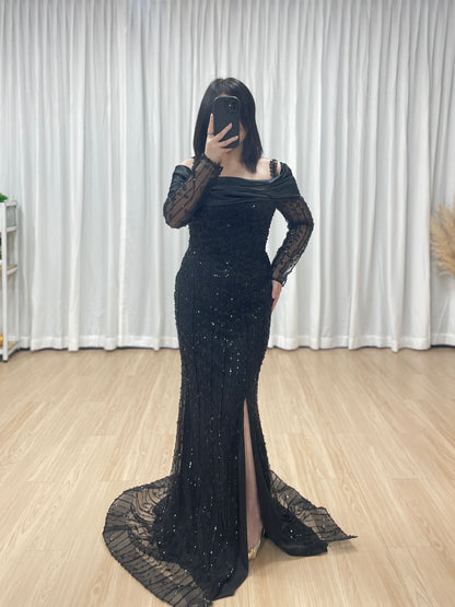 Elegant Black Beaded Off-the-Shoulder High Slit Mermaid Evening Gown with Long Sheer Sleeves MY30202