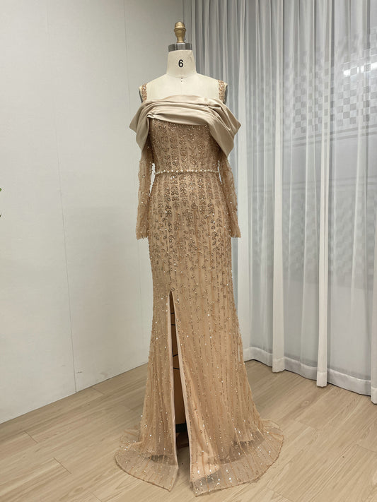 Champagne Gold Off-Shoulder Mermaid Gown with Thigh Slit MY30202