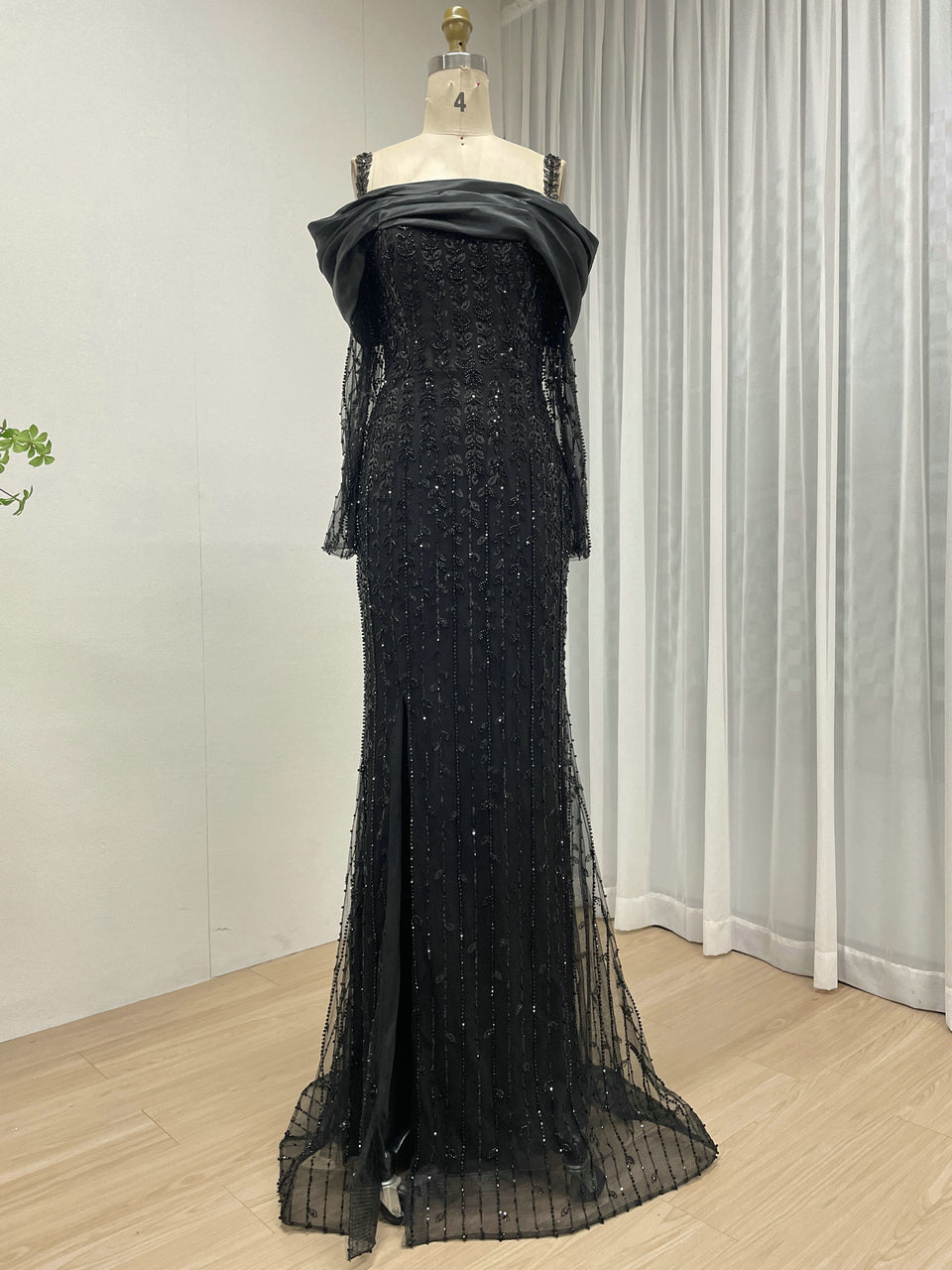 Elegant Black Beaded Off-the-Shoulder High Slit Mermaid Evening Gown with Long Sheer Sleeves MY30202