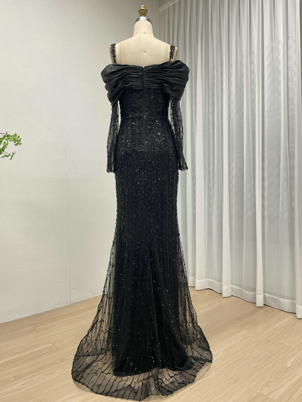 Elegant Black Beaded Off-the-Shoulder High Slit Mermaid Evening Gown with Long Sheer Sleeves MY30202
