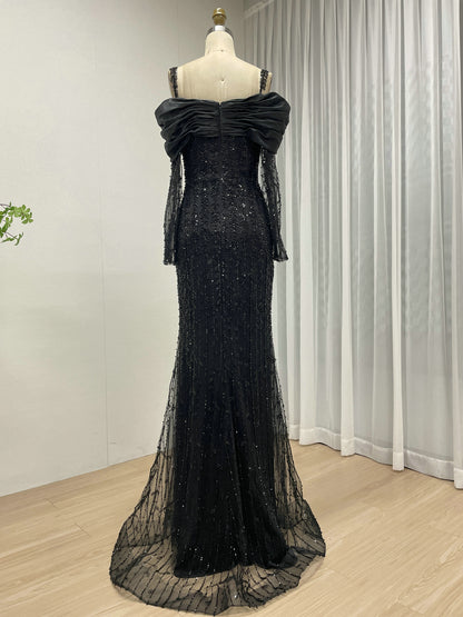 Elegant Black Beaded Off-the-Shoulder High Slit Mermaid Evening Gown with Long Sheer Sleeves MY30202