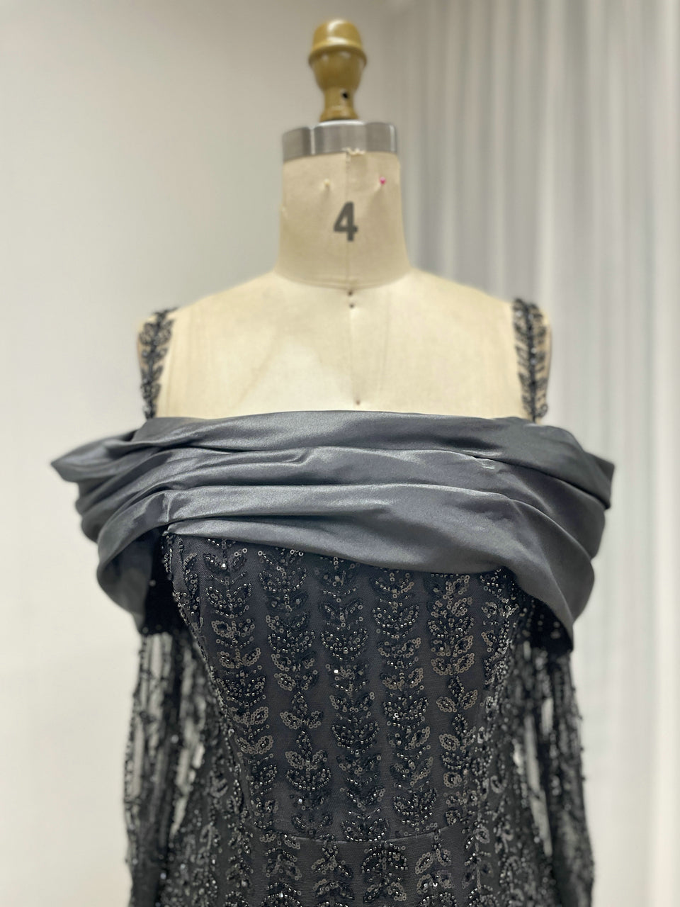 Elegant Black Beaded Off-the-Shoulder High Slit Mermaid Evening Gown with Long Sheer Sleeves MY30202