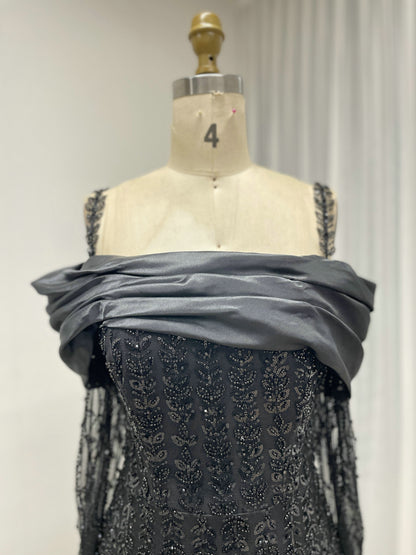 Elegant Black Beaded Off-the-Shoulder High Slit Mermaid Evening Gown with Long Sheer Sleeves MY30202
