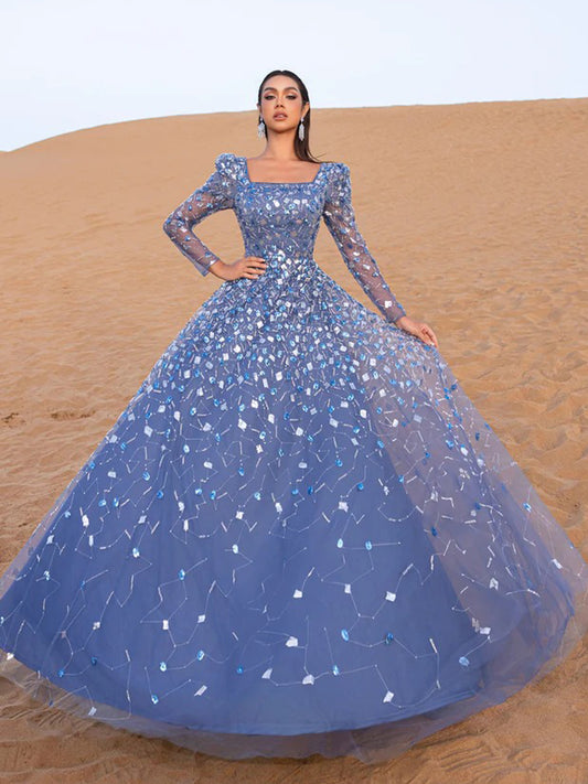 Dusty Blue Long Sleeve A-Line Formal Gown with Scattered Beads MY30203