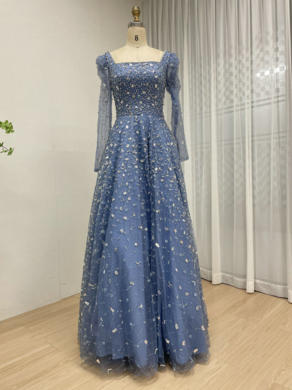Dusty Blue Long Sleeve A-Line Formal Gown with Scattered Beads MY30203