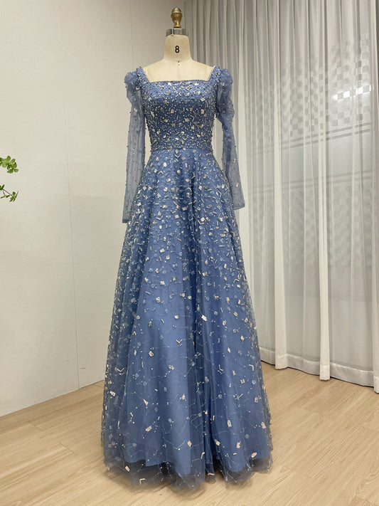 Dusty Blue Long Sleeve A-Line Formal Gown with Scattered Beads MY30203