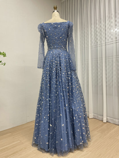 Dusty Blue Long Sleeve A-Line Formal Gown with Scattered Beads MY30203