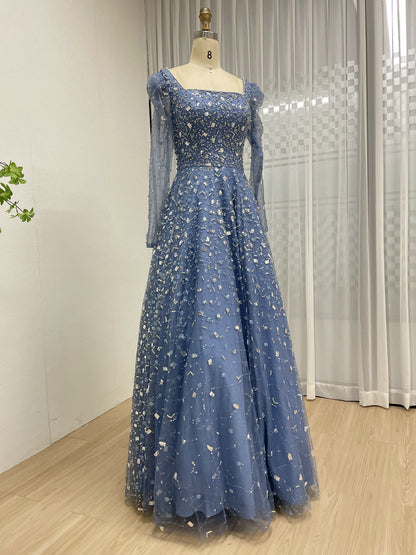 Dusty Blue Long Sleeve A-Line Formal Gown with Scattered Beads MY30203