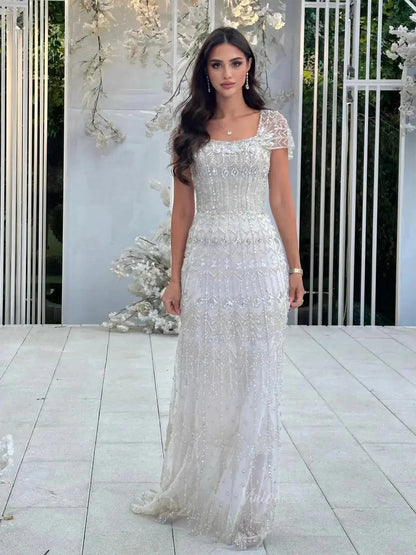Vintage Style Light Gray Embroidered Off-Shoulder Prom Dress MY30204