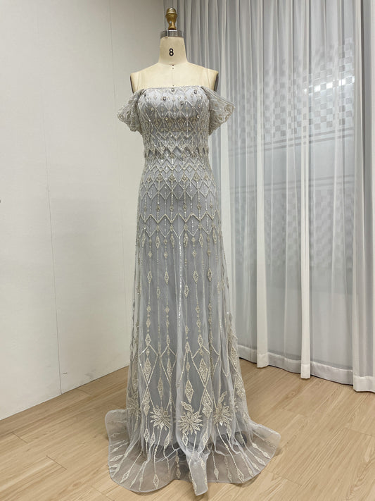 Vintage Style Light Gray Embroidered Off-Shoulder Prom Dress MY30204