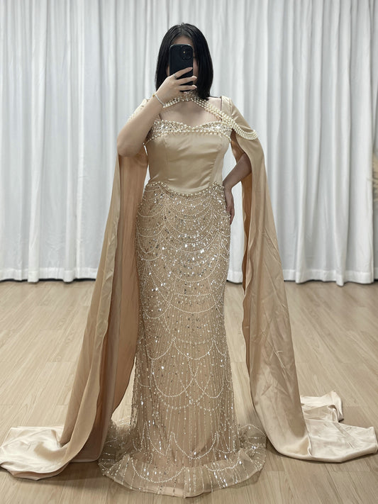 Luxury Pearl Beaded Champagne Gown with Satin Train Cape MY30205