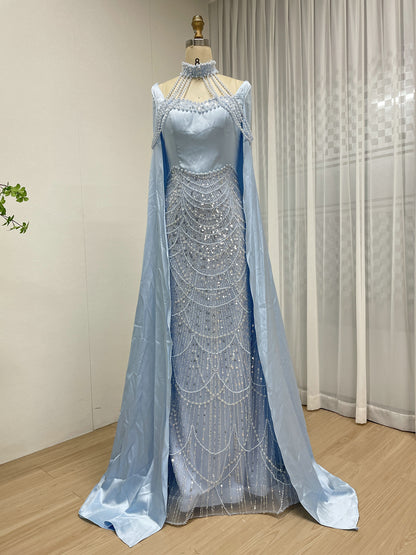 Luxury Pearl Beaded Champagne Gown with Satin Train Cape MY30205