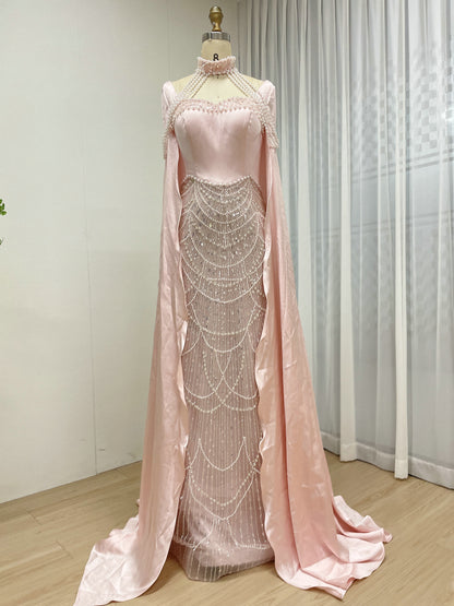 Luxury Pearl Beaded Champagne Gown with Satin Train Cape MY30205