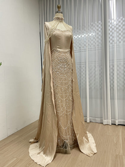 Luxury Pearl Beaded Champagne Gown with Satin Train Cape MY30205