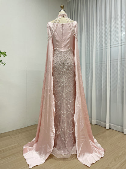 Luxury Pearl Beaded Champagne Gown with Satin Train Cape MY30205
