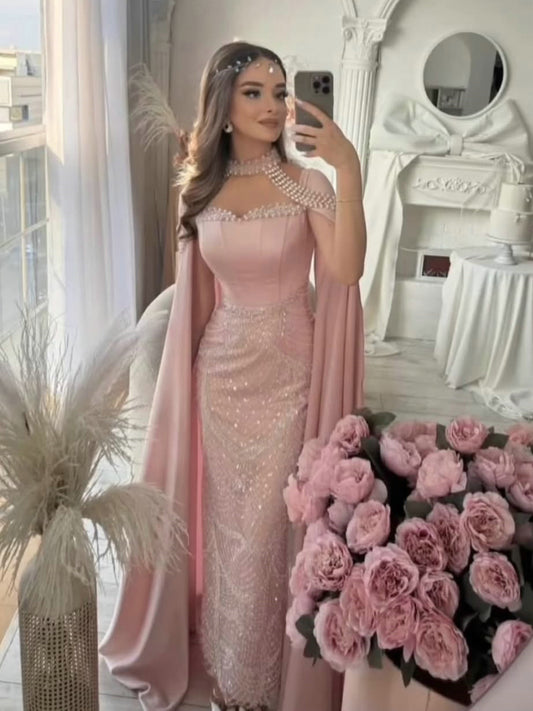 Luxury Pearl Beaded Champagne Gown with Satin Train Cape MY30205