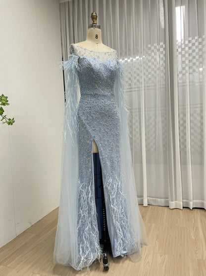 Light Blue Feather Cape Evening Dress with High Slit and Beads MY30206