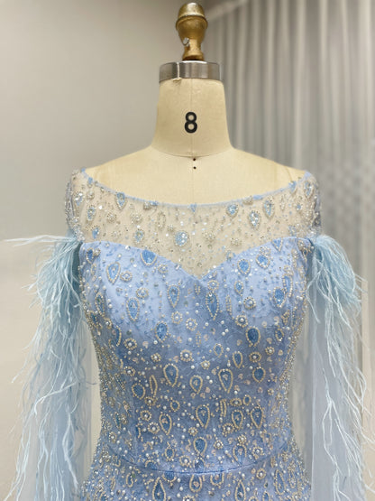 Light Blue Feather Cape Evening Dress with High Slit and Beads MY30206