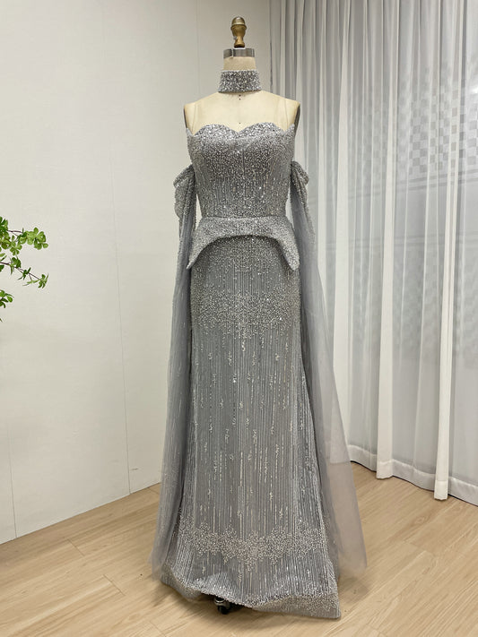 Silver Gray Halter Neck Beaded Gown with Peplum Sheer Cape MY30207