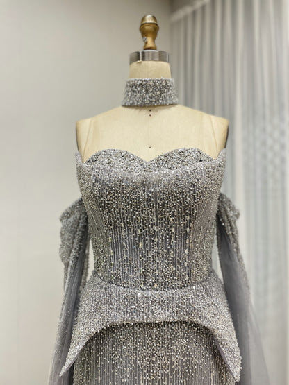 Silver Gray Halter Neck Beaded Gown with Peplum Sheer Cape MY30207