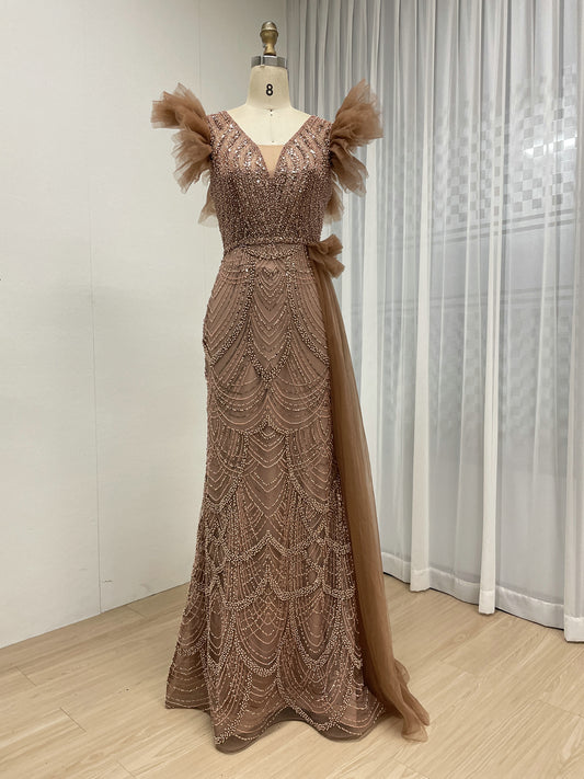 Brown Mermaid Gown with V-Neck and Ruffle Cap Sleeves MY30208