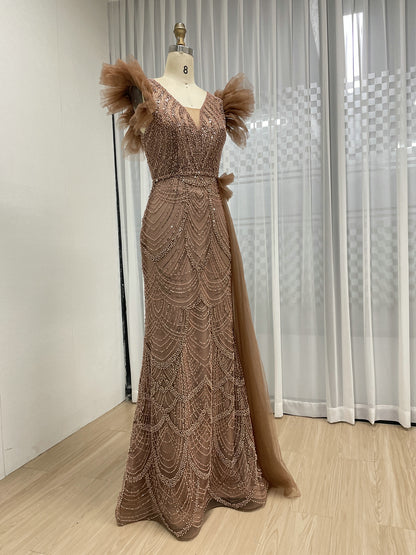 Brown Mermaid Gown with V-Neck and Ruffle Cap Sleeves MY30208