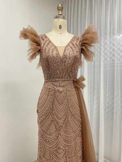 Brown Mermaid Gown with V-Neck and Ruffle Cap Sleeves MY30208