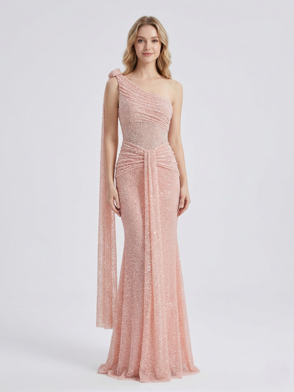 One-Shoulder Pink Sequin Mermaid Evening Gown - Shimmering Formal Dress MY30210