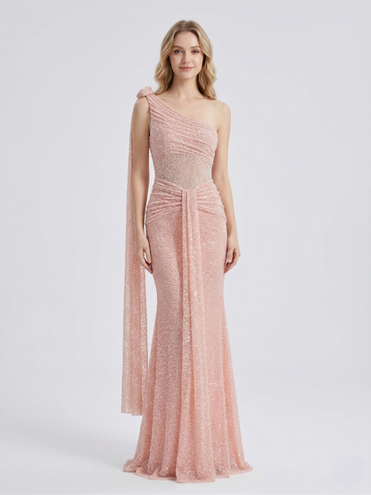 One-Shoulder Pink Sequin Mermaid Evening Gown - Shimmering Formal Dress MY30210
