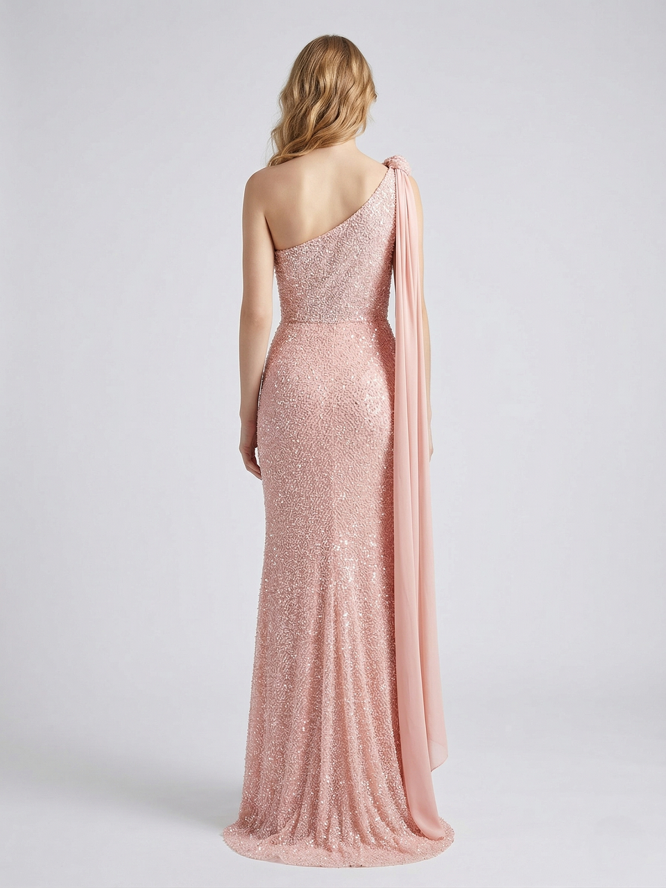 One-Shoulder Pink Sequin Mermaid Evening Gown - Shimmering Formal Dress MY30210
