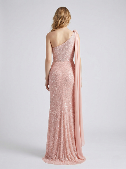 One-Shoulder Pink Sequin Mermaid Evening Gown - Shimmering Formal Dress MY30210