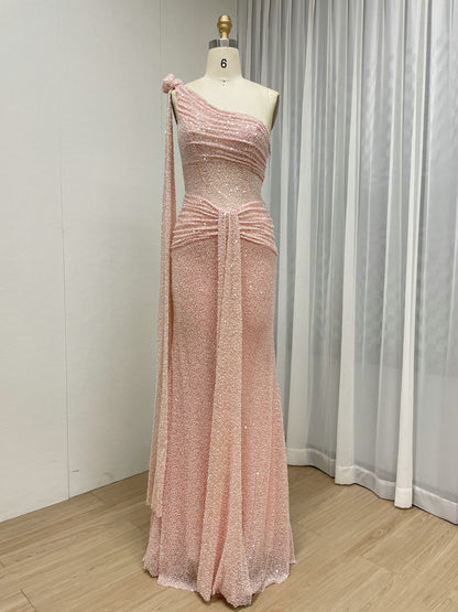 One-Shoulder Pink Sequin Mermaid Evening Gown - Shimmering Formal Dress MY30210